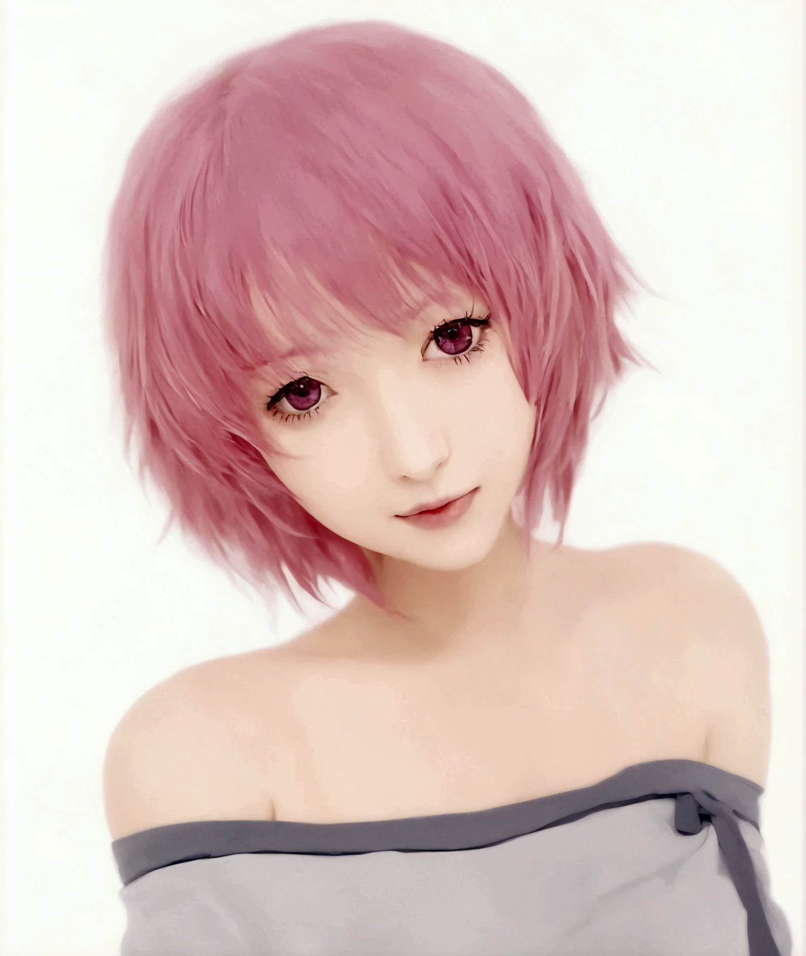 1girl, solo, breasts, looking at viewer, blush, short hair, simple background, shirt, white background, cleavage, medium breasts, upper body, pink hair, pink eyes, off shoulder, hair twirling, saigyouji yuyuko, momo velia deviluke