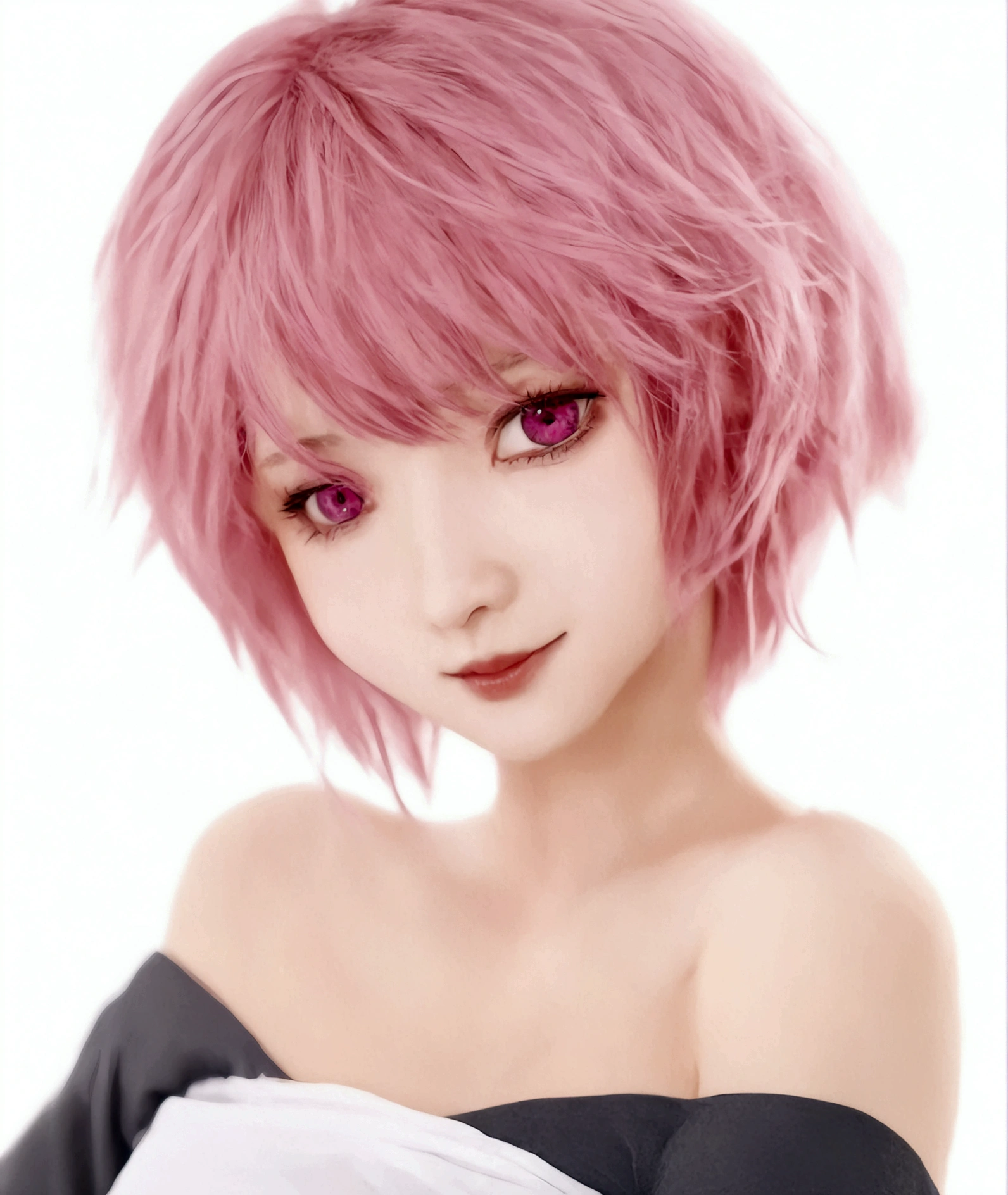 1girl, solo, breasts, looking at viewer, blush, short hair, simple background, shirt, white background, cleavage, medium breasts, upper body, pink hair, pink eyes, off shoulder, hair twirling, saigyouji yuyuko, momo velia deviluke