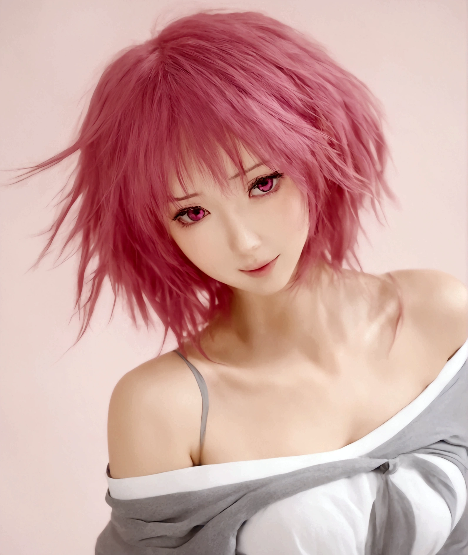 1girl, solo, breasts, looking at viewer, blush, short hair, simple background, shirt, white background, cleavage, medium breasts, upper body, pink hair, pink eyes, off shoulder, hair twirling, saigyouji yuyuko, momo velia deviluke