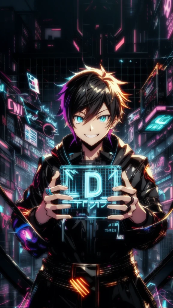 anime style, cool and edgy, ((An illustration of a smiling teenager holding a liquid metal font sign)), ((surrounded by floating wireframes and neon holograms)), with a background of distorted technology, ((black and neon colors creating a surreal atmosphere)), high contrast lighting, fashionable, accessory, abasterpiece)), ((best quality)), dynamic angle, detailed light,apathy, ray，frontage，style of anime4 k， 4k anime wallpaper