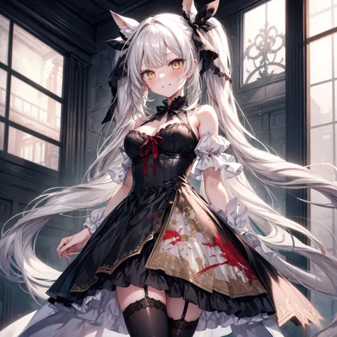 ((Highest quality)), ((masterpiece)), (detailed), there is a sexy girl with white hair and white eyes in a dress, 1girl, 独奏, bre...