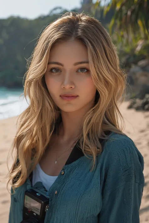 realistic photo, a realistic photo of 18yo girl wearing, blonde hair, beach, (1 girl), (чрезвычайно подробные обои CG Unity 8k),...