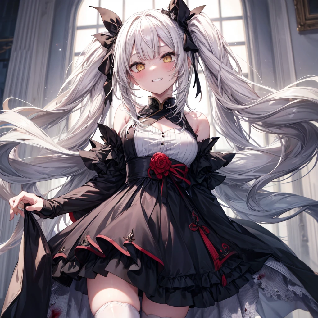 ((Highest quality)), ((masterpiece)), (detailed), there is a sexy girl with white hair and white eyes in a dress, 1girl, 独奏, breasts, long hair, thighhighs, yellow eyes, looking at viewer, twintails, black dress, hair ribbon, black ribbon, blush, evil grin, aroused, bare shoulders, (from below), face focus, (blood)