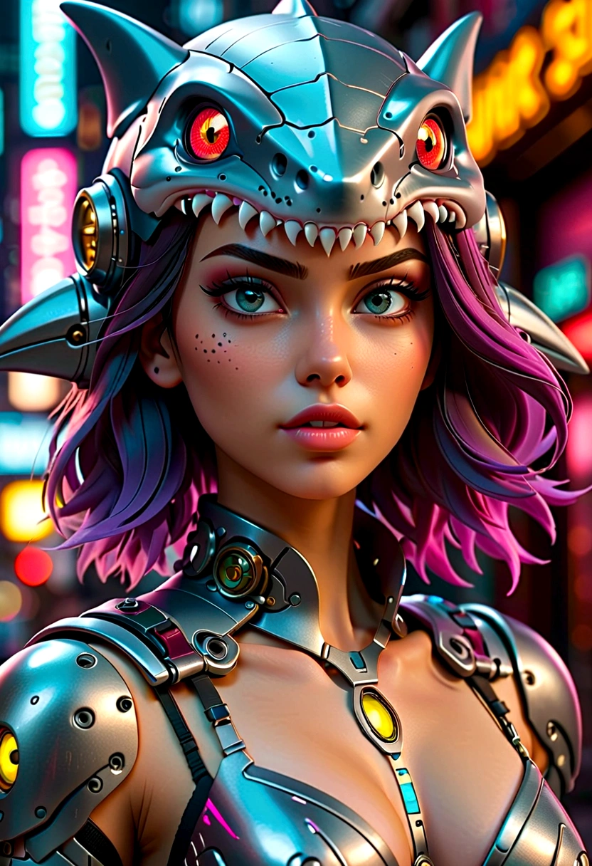 Une fille cyberpunk portant un mecha en forme de tête de requin, Beaux yeux détaillés, belles lèvres détaillées, yeux et visage extrêmement détaillés, long cils, machines futuristes complexes, néons lumineux, pose dynamique, Éclairage cinématographique, couleurs néon vibrantes, hyper détaillé, 4k, 8k, Photoréaliste, chef-d&#39;œuvre