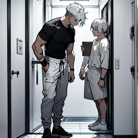 human male , black shirt ,desset ,hair over eyes , white messy hair ,full body , prison clothing , bandage on hands