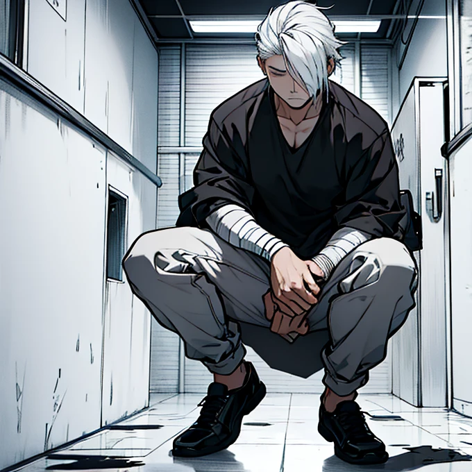 Human Male , Black shirt ,Desset ,Hair over eyes , white Messy hair ,Full body , Prison clothing , Bandage on hands 