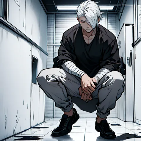 human male , black shirt ,desset ,hair over eyes , white messy hair ,full body , prison clothing , bandage on hands