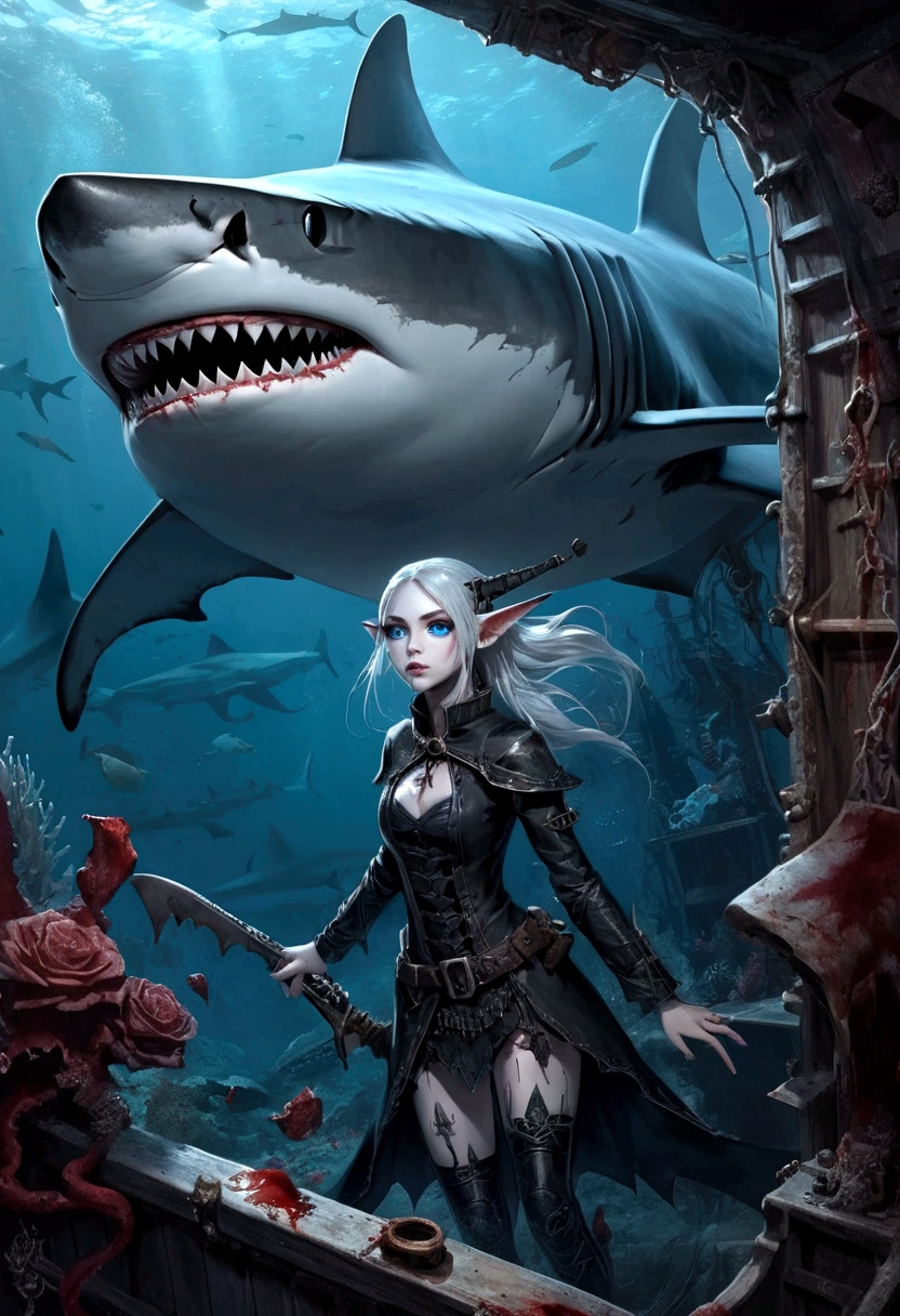 Fantasy underseabed，Shark Elf Girl，blue eyes，Fangs，Shark fin feature on back，Looking Back,blood stains at the corners of the mouth，fiercely，Gothic art，Dark Wind，Dilapidated cabin of a sunken ship