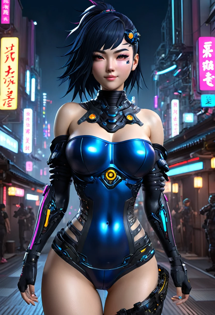 ((Fille ninja cyborg))、fille cyberpunk、Art cyberpunk numérique、( (Art cyberpunk numérique))、Jolie robe、ultra haute définition、chef-d&#39;œuvre、correct、Anatomiquement correct、peau texturée、très détaillé、Détails élevés、Haute qualité、最Haute qualité、haute résolution、8k、photo brute、tout le corps、Belle adolescente、Une femme japonaise、Grand beau e(Poitrine moyenne)、(((Les cheveux cours et noirs)))、(((Porter une tenue de ninja mécanique cyberpunk bleu marine)))、(((Tenue ninja à épaules dénudées)))、(ville cyberpunk)、(Fixation du bol mécanique)sourire、fille japonaise、