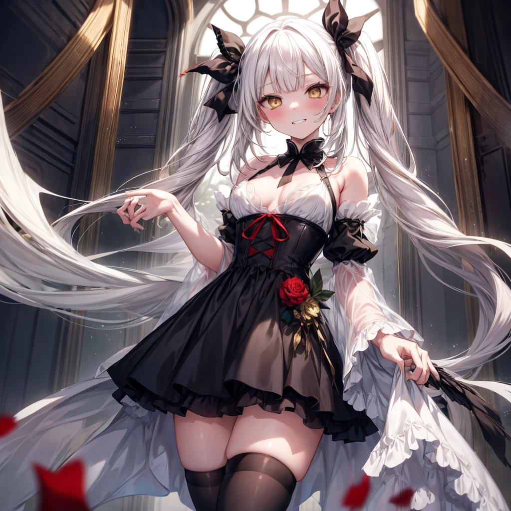 ((Highest quality)), ((masterpiece)), (detailed), nsfw, there is a sexy girl with white hair and white eyes in a dress, 1girl, 独奏, breasts, long hair, thighhighs, yellow eyes, looking at viewer, twintails, black dress, hair ribbon, black ribbon, blush, evil grin, aroused, bare shoulders, (from below), face focus, (blood), skirt lift