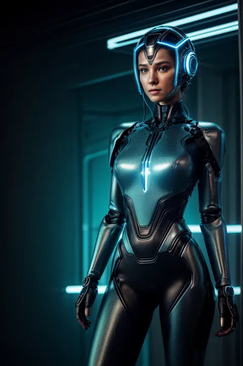 "Cybergenesis: The Awakening"

A female AI humanoid robot stands in a dimly lit, futuristic setting. Her face is a captivating b...