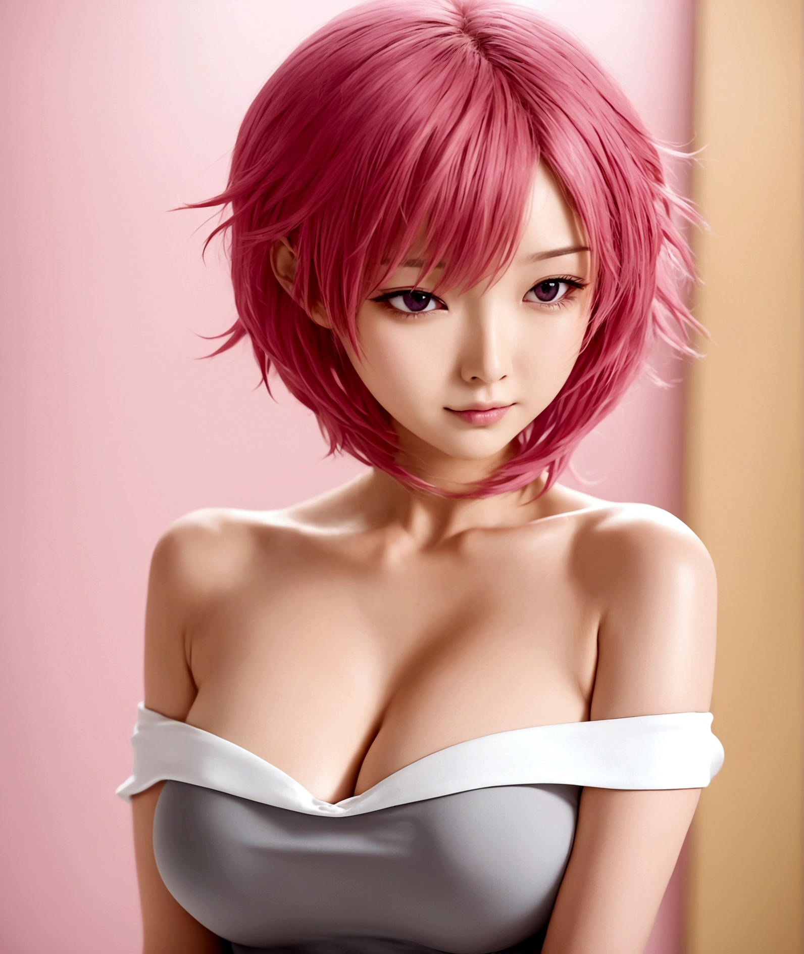 1girl, solo, breasts, looking at viewer, blush, short hair, simple background, shirt, white background, cleavage, medium breasts, upper body, pink hair, pink eyes, off shoulder, hair twirling, saigyouji yuyuko, momo velia deviluke