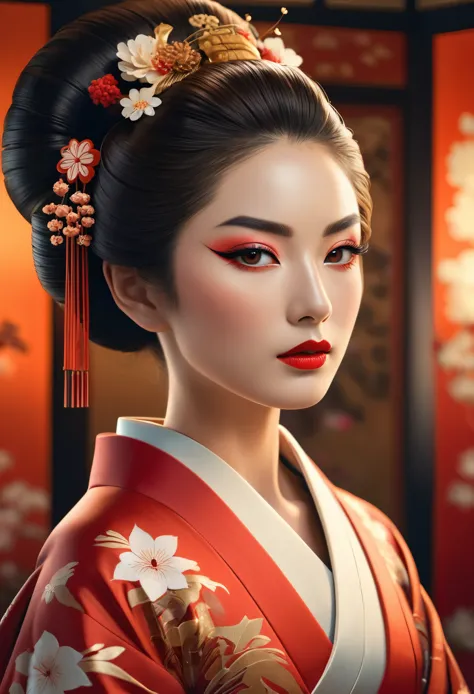 A highly detailed full-body portrait of a geisha, intricate hyper-detailed octane rendering, symmetric pose, beautiful detailed ...