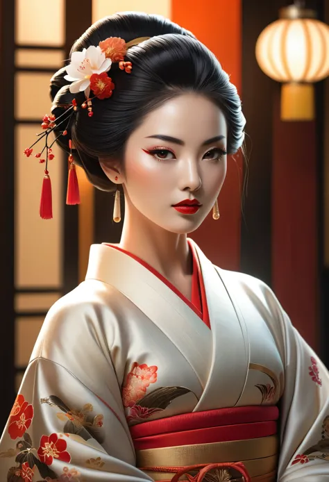 A highly detailed full-body portrait of a geisha, intricate hyper-detailed octane rendering, symmetric pose, beautiful detailed ...