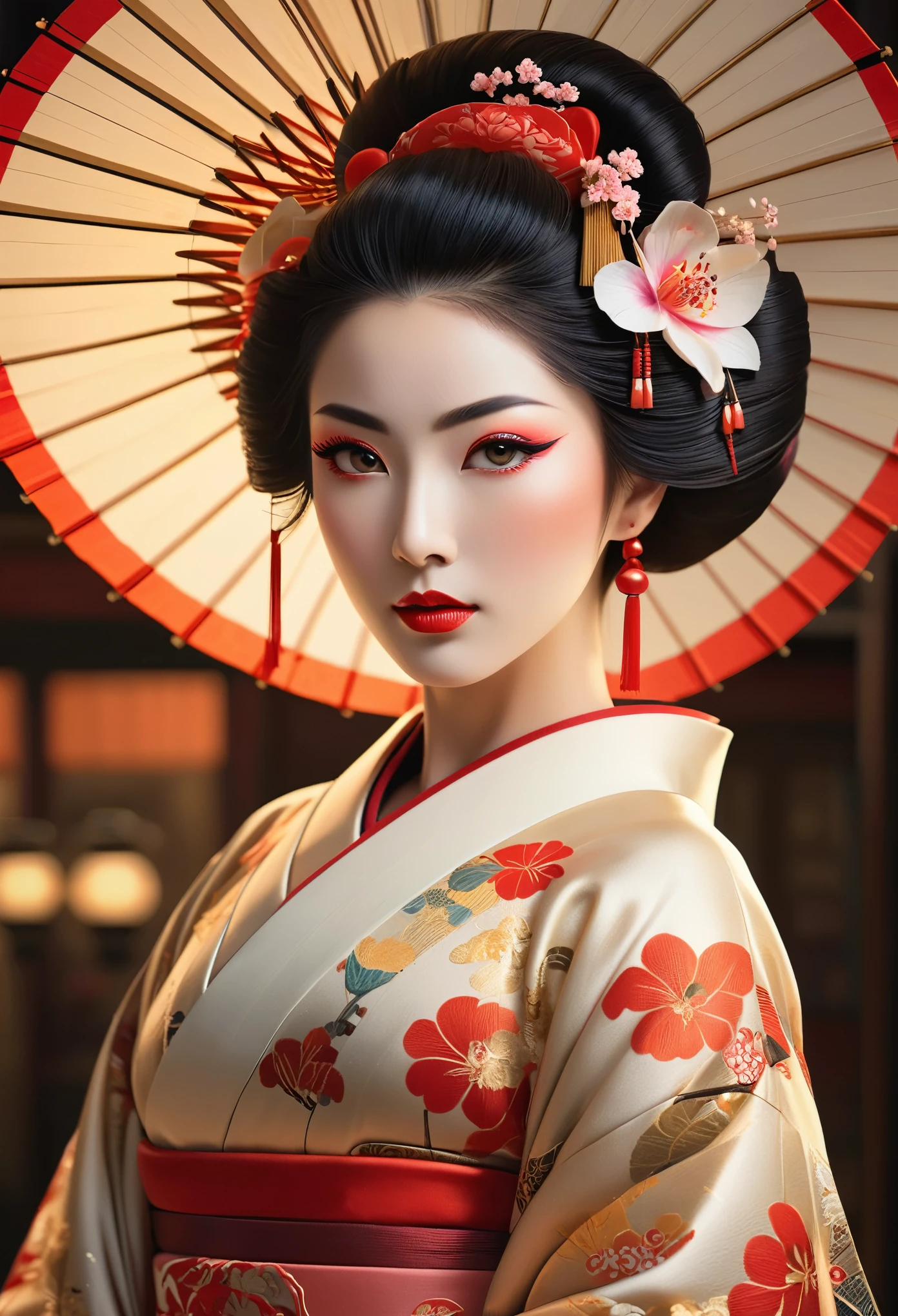 Un portrait complet très détaillé d&#39;une geisha, rendu d&#39;octane complexe et hyper détaillé, pose symétrique, Beaux yeux détaillés, belles lèvres détaillées, visage et peau extrêmement détaillés, long cils, Kimono élégant, coiffure traditionnelle, traits délicats du visage, expression sereine, Éclairage dramatique, palette de couleurs chaudes, composition cinématographique, chef-d&#39;œuvre, Photoréaliste, (Elle est à moitié française, et c&#39;est une beauté époustouflante avec des yeux détaillés et un nez haut:1.6), sourcils épais, traits du visage détaillés, long cou gracieux, 