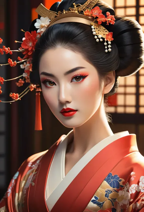 A highly detailed full-body portrait of a geisha, intricate hyper-detailed octane rendering, symmetric pose, beautiful detailed ...