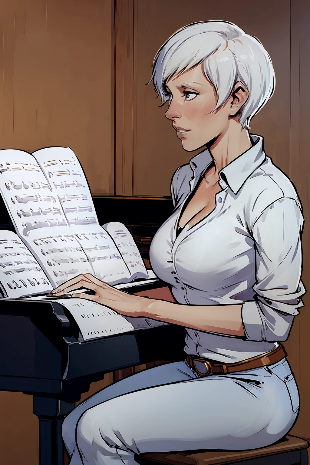 Uma garota, cabelo curto, cabelo branco, corte de cabelo de duende, página de quadrinhos, jeans, camisa, tocando piano, em um salão, piano, partitura, sentado em uma cadeira, teclado preto e branco de piano, realista, obra-prima 