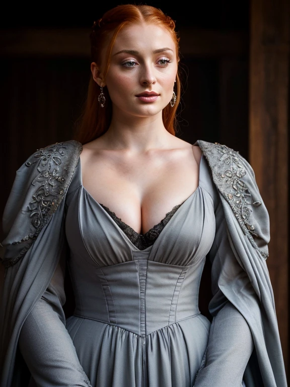 Face of Sophie Turner, Sansa Stark played by Sophie Turner, the de facto Lady of the Eyrie, is a 40-year-old mature queen with a stunning, alluring appearance. Full Face, Full figured woman, pierced eyes, reddish lips, upper body shot, erotic Mediaeval costumes, game of thrones costumes, big breasts, sexi wear, seductive look,  she wears a Game of Thrones-inspired costume and has a deep cleavage, a perfect thick body, and a perfect thick figure. The photograph captures her in a close-up, with her skin texture and facial features being ultra-realistic and realistic. Juicy thick figure, high quality skin, Skin pores, amazing details, snow, snow flakes, semi realistic, extremely detailed eyes, dark moody orange and black settings, cool environment, artificial intelligence