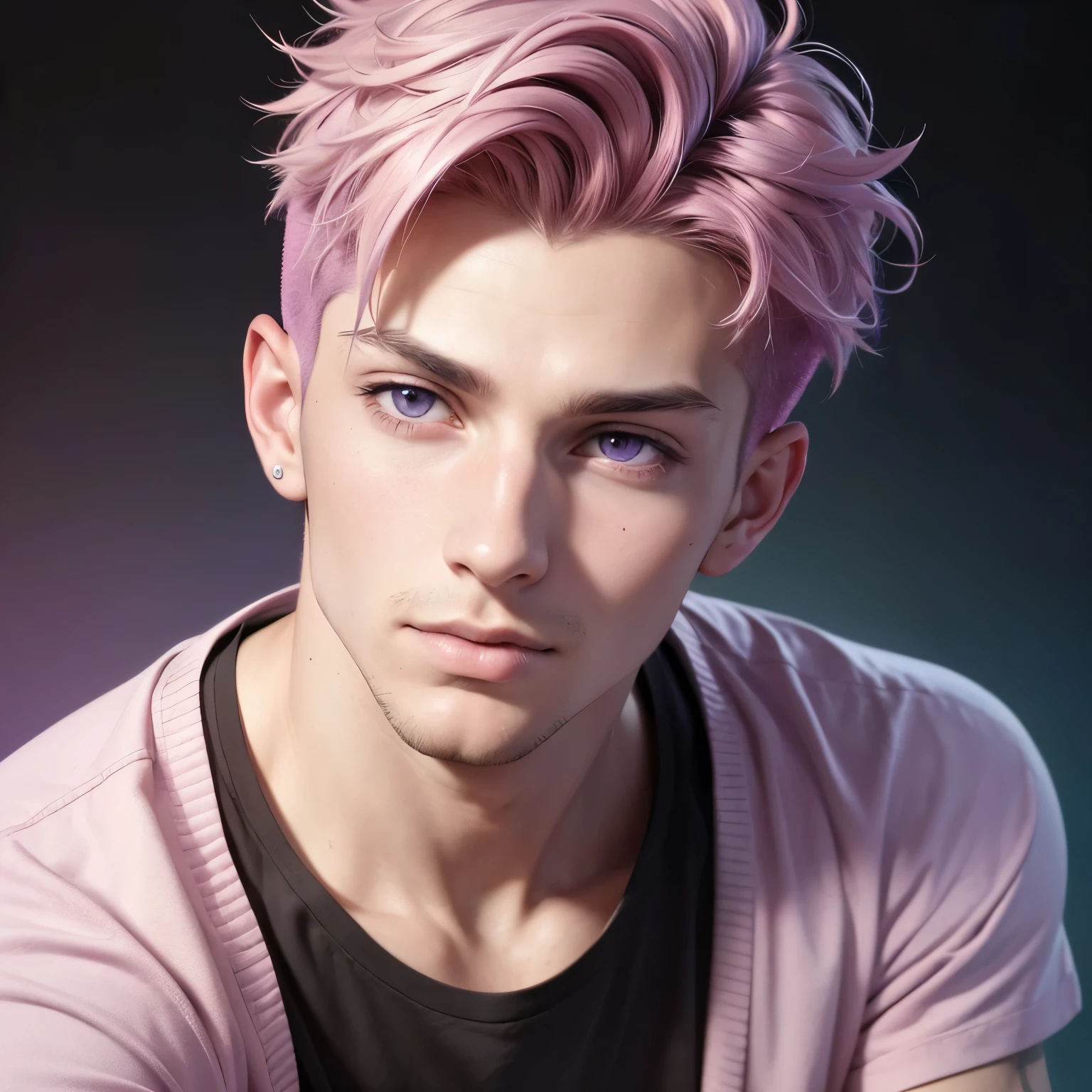 (Realistic style) 1 man, young man, focus alone, adult, hairless man young adult face, short pink hair, wavy hair, purple eyes, casual clothes of many colors, with lgbt gay pride flag, realistic and dynamic pose. Realistic, detailed and correct facial structure, attractive, slim, slightly marked, multicolored background