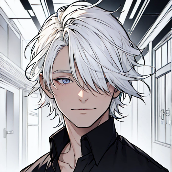 Human Male , shirt ,Desset ,Hair over eyes , white hair ,Blind eyes 