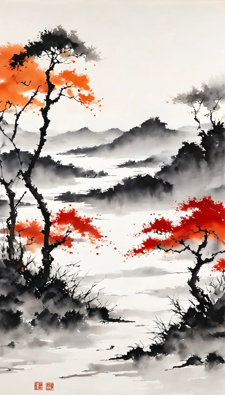 中国水墨画, 灰色和白色, 最低限度, 金属丝, 白色背景,足迹, 极简主义, 金属丝性风格, 巨大的负空间, 水墨画, 抽象的，血染的夕阳，孤独的人