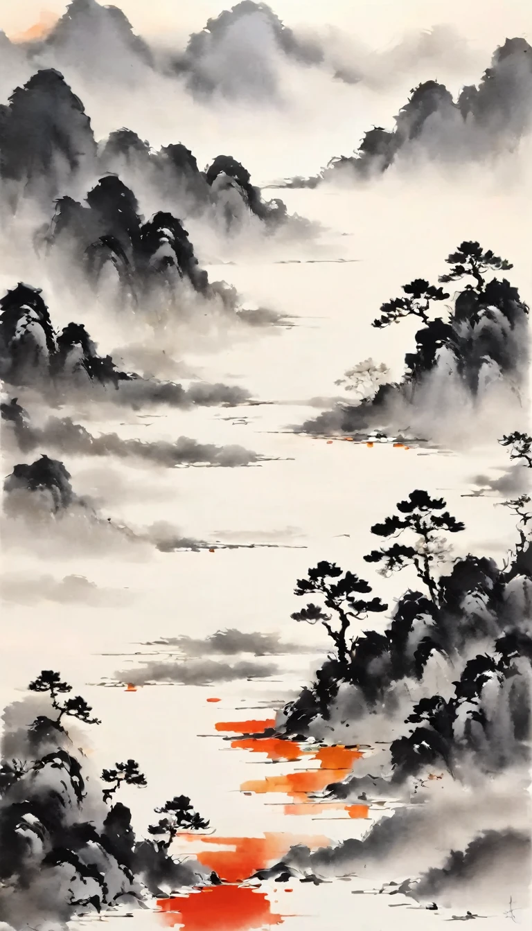 中国水墨画, 灰色和白色, 最低限度, 金属丝, 白色背景,足迹, 极简主义, 金属丝性风格, 巨大的负空间, 水墨画, 抽象的，血染的夕阳，孤独的人