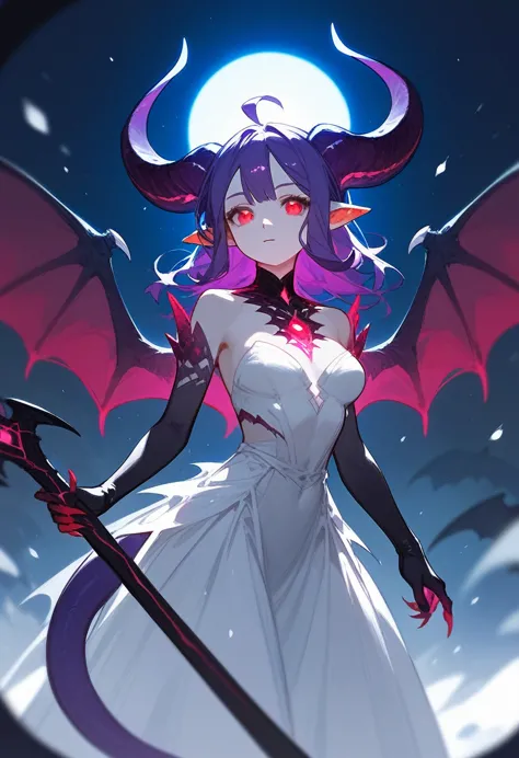 long monster girl, straight purple hair, glowing red eyes, and snowy white skin. she has pointed ears, curved horns, bat-like wi...