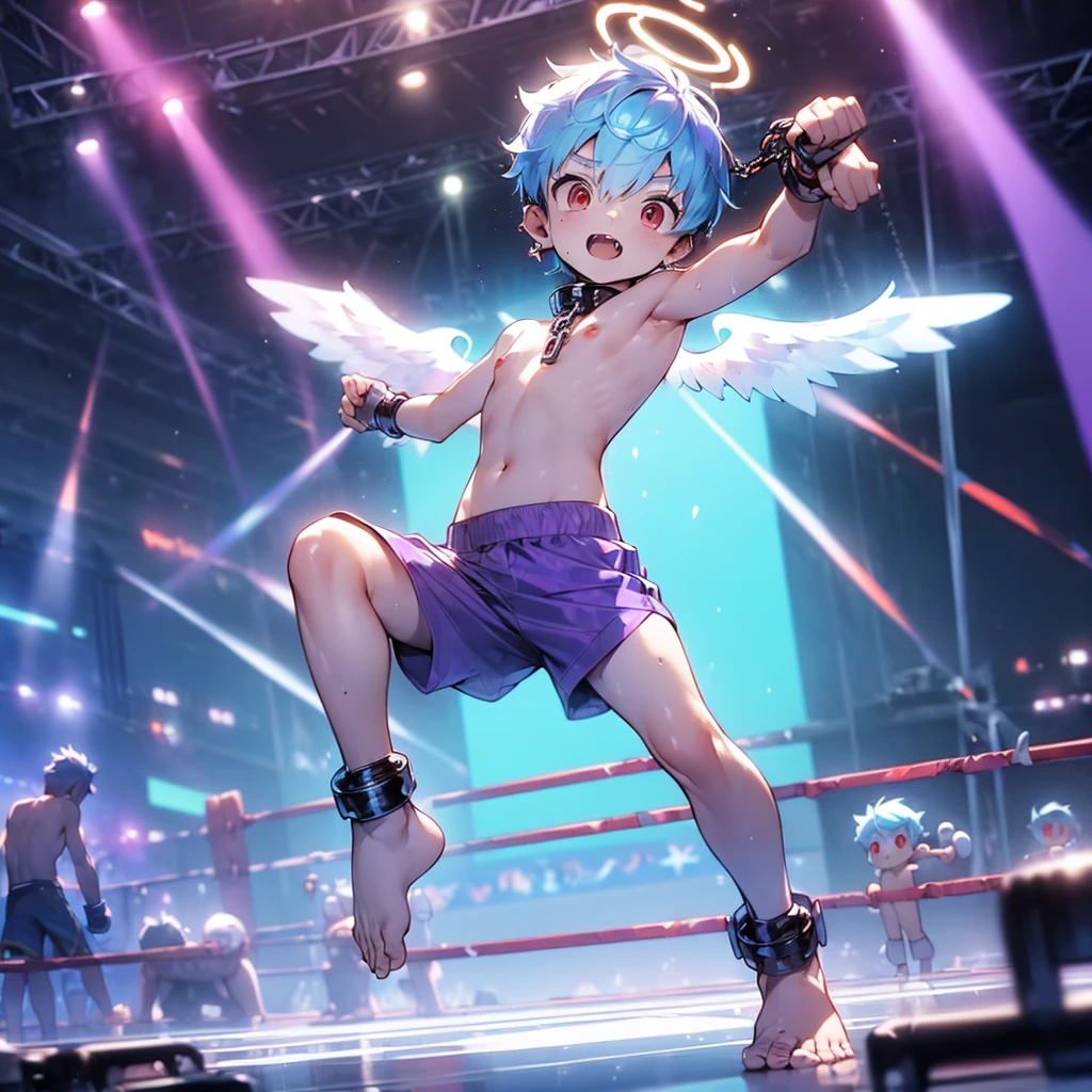 (solo:2), (boldline:-1.7), (boxing:1.5), (fighting pose:1.5), (arched back:1.1), (twin angel wings on his back:1.6), (halo on his head:1.3), (standing on stage:1.5), (spread legs), BREAK (red boxing groves:1.5), (((fang))), (((best finger))), (((best arms))), (((best legs))), BREAK (best quality:1.5), (absolutely resolution:1.4), (ultra detailed:1.5), (masterpiece:1.5), (perfect face), (detailed face), (detailed eyes), (best eyes), (cute face), (shota:2), BREAK (topless:2), BREAK (purple boxing pants:1.5), (skinny:1.3), BREAK (light blue hair:1.5), (spiked hair), (wine red eyes:1.4), (eyes with highlight:1.6), ((mole under eye)), (sweaty skin), (singing:1.4), ((earrings)), (angy:1.5), (shiny skin:1.3), BREAK  (stadium:1.5), (many peple:1.5), (spot light), ((wind blowing)), ((nipple)), (abs), (groin), (chain around neck:1.5), (shackles:1.6), from above, 