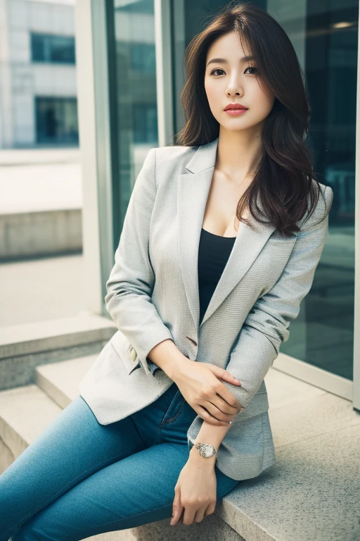 (Highest quality、Ultra-high resolution、masterpiece、8K、Realistic raw photo)、(Delicate face、Detailed eyes and face、Watery eyes、double eyelid、Glossy lips), ((1 girl)) 、Very beautiful woman、Slender、Slim Big、Sharp long legs、Alluring and sexy、(Random color blazer:1.2)、(Random color business pants:1.2)、(High heels)、Cleavage、High-definition skin texture、The wind is blowing、Sunlight shining、Modern architecture in the background、Above the knee shot、((Perfect Anatomy、Anatomically correct:1.2))
