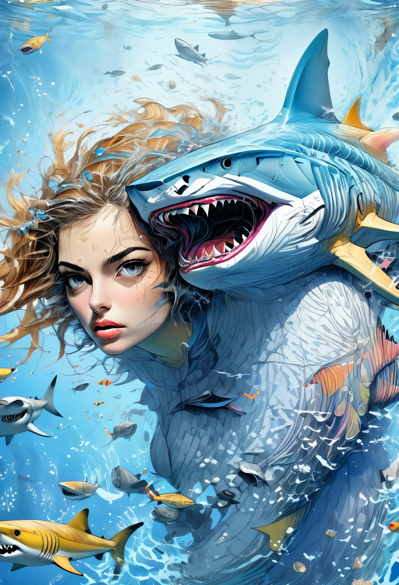 general shot, whole body:1.4, ((surreal hybrid girl:1.5, with shark:1.5)),detailed portrait,beautiful detailed eyes,beautiful detailed lips,extremely detailed face and features,longeyelashes,detailed scales covering body,sharp shark teeth,dramatic lighting ,cinematic composition,(best quality,4k,8k,highres,masterpiece:1.2),ultra-detailed,(realistic,photorealistic,photo-realistic:1.37),digital art,concept art