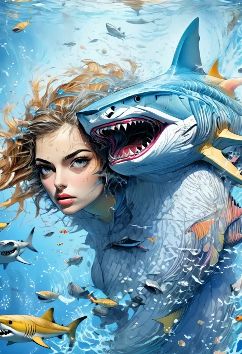 general shot, whole body:1.4, ((surreal hybrid girl:1.5, with shark:1.5)),detailed portrait,beautiful detailed eyes,beautiful de...