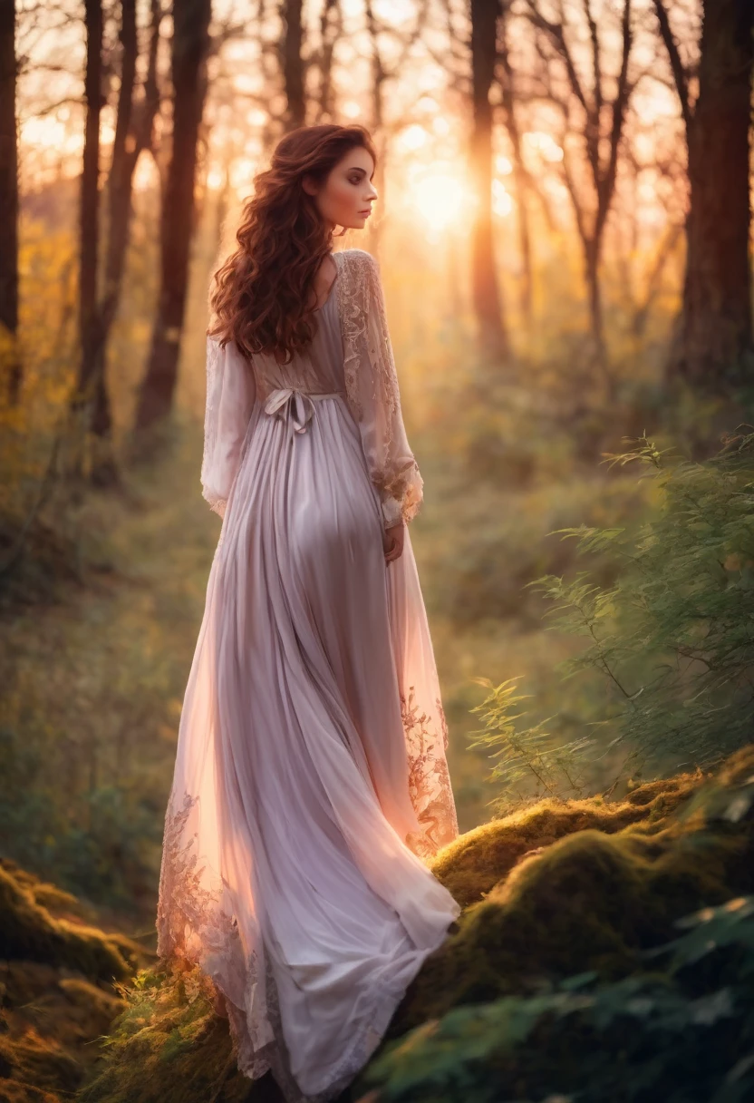 Beautiful mystical woman with brown hair, in a beautiful forest enjoying the sunset  