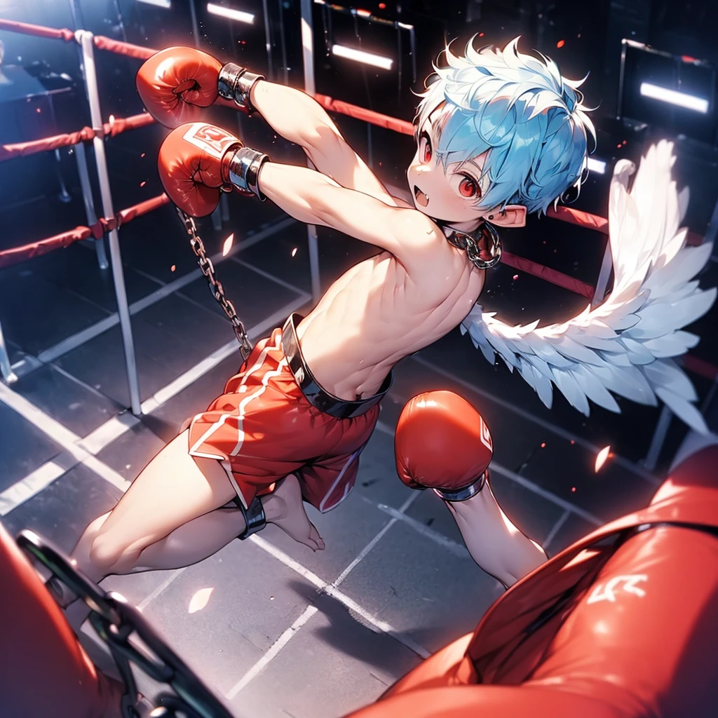 (solo:2), (boldline:-1.7), (boxing:1.5), (fighting pose:1.5), (arched back:1.1), (twin angel wings on his back:1.6), (halo on his head:1.3), (standing on stage:1.5), (spread legs), BREAK (red boxing groves:1.4), (((fang))), (((best finger))), (((best arms))), (((best legs))), BREAK (best quality:1.5), (absolutely resolution:1.4), (ultra detailed:1.5), (masterpiece:1.5), (perfect face), (detailed face), (detailed eyes), (best eyes), (cute face), (shota:2), BREAK (topless:2), BREAK (red boxing pants:1.5), (skinny:1.3), BREAK (light blue hair:1.5), (spiked hair), (wine red eyes:1.4), (eyes with highlight:1.6), ((mole under eye)), (sweaty skin), (singing:1.4), ((earrings)), (angy:1.5), (shiny skin:1.3), BREAK  (stadium:1.5), (many people:1.5), (spot light), ((wind blowing)), ((nipple)), (abs), (groin), (chain around neck:1.5), (shackles:1.6), ((from above)), 