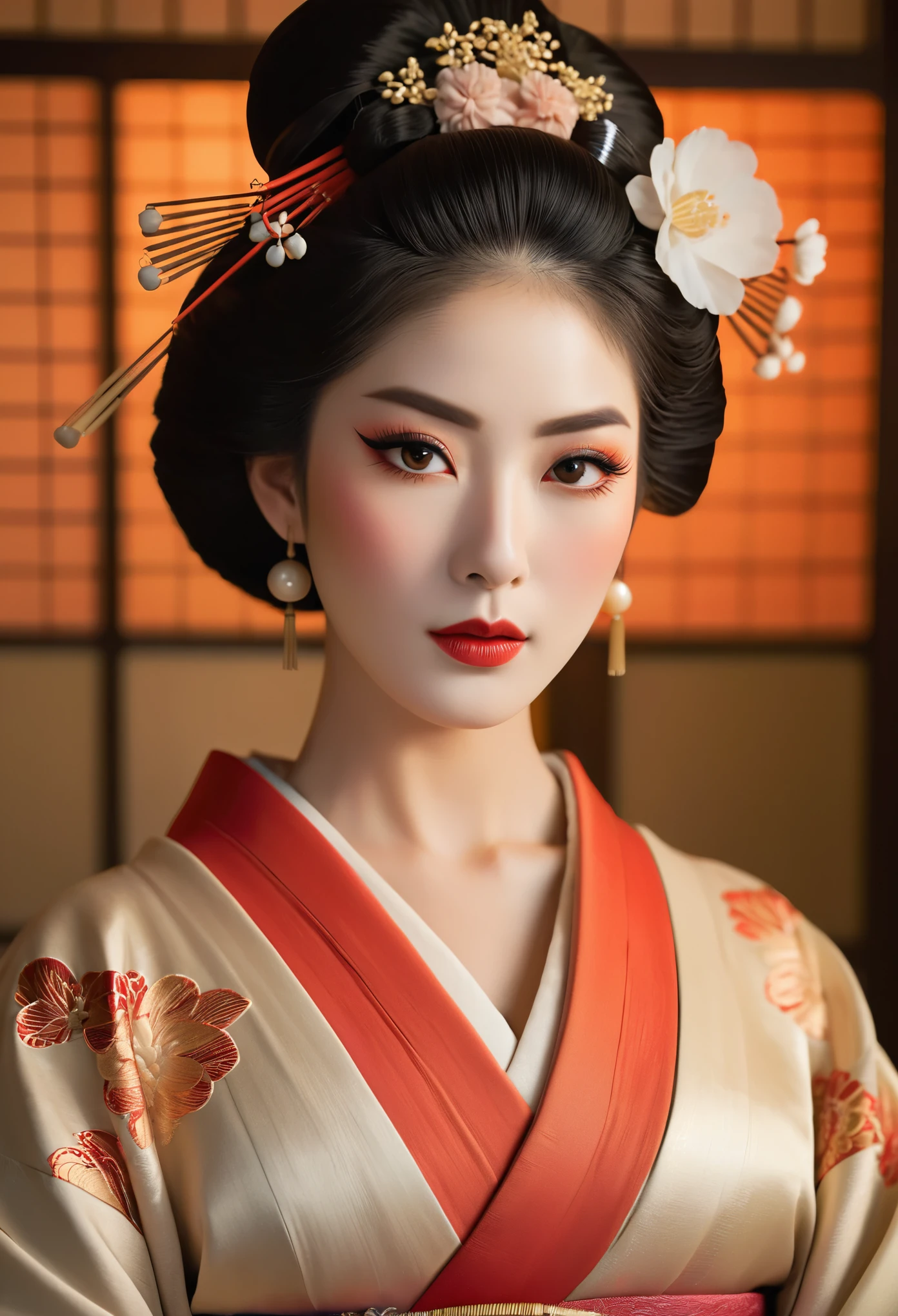 Очень подробный портрет гейши в полный рост., сложная гипердетализированная визуализация октанового числа, симметричная поза, красивые детализированные глаза, красивые детализированные губы, очень детальное лицо и кожа, длинные ресницы, Элегантное кимоно, Традиционная прическа, Нежные черты лица, Безмятежное выражение, драматическое освещение, теплая цветовая палитра, Кинематографическая композиция, шедевр, Фотореалистичный, (Она наполовину француженка, и потрясающая красавица с детальными глазами и высоким носом:1.6), густые брови, подробные черты лица, длинная изящная шея, 