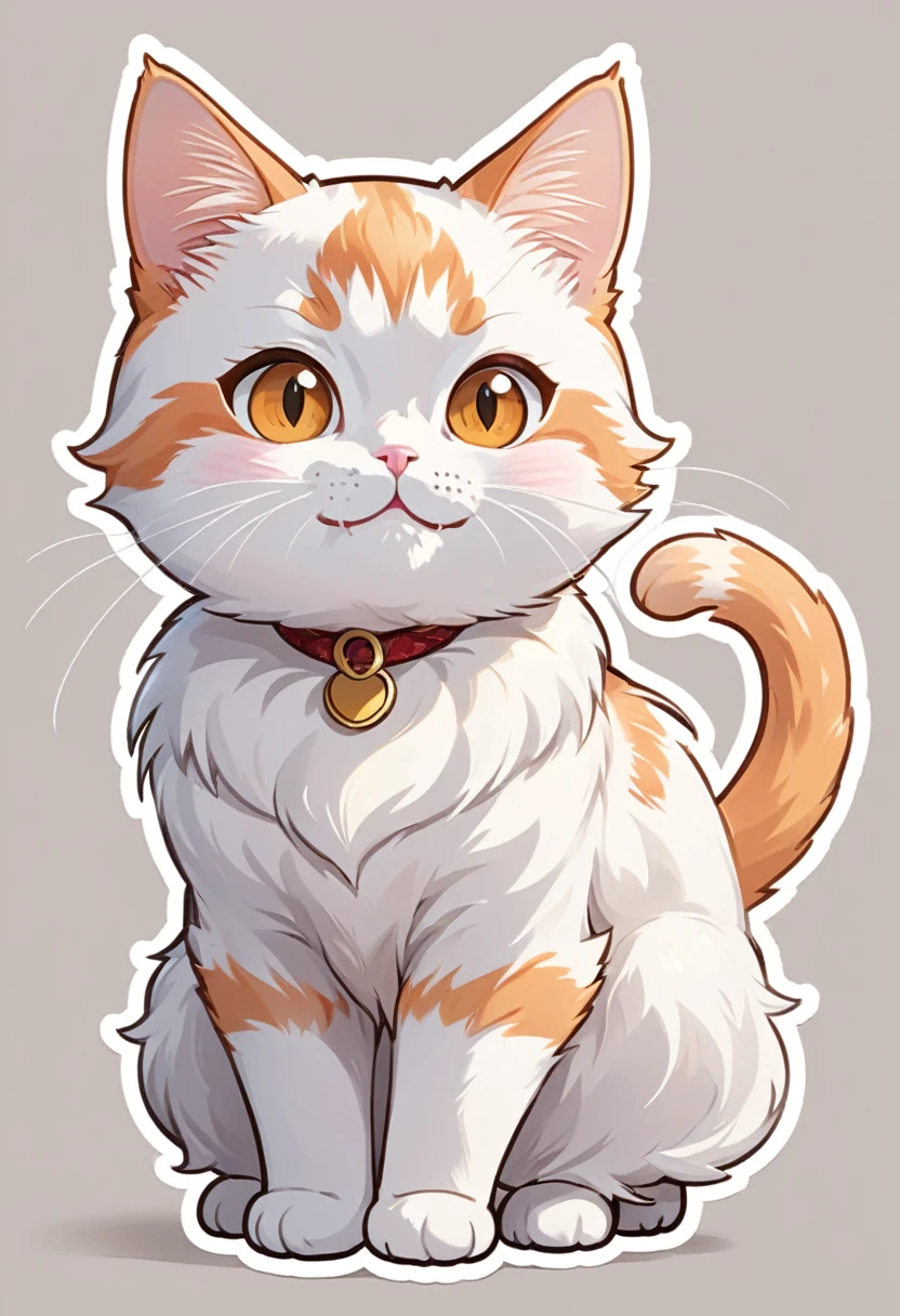 In the style of TOK, highest quality, sticker, cute cat, cartoon cat, Munchkin cat, chibi, white and orange cat, looking at the viewer, smiling, simple background