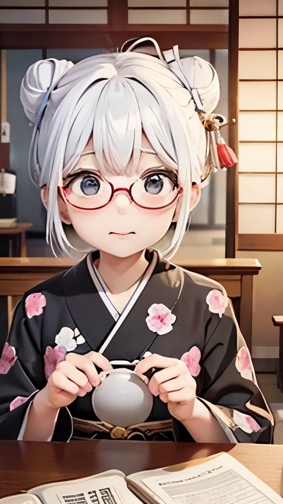 Cute old woman、60-year-old woman、One Woman、kimono、Kappo、White Hair、Japanese anime、comical、4 heads、Bun Hair、Round face、Round Glasses、Sit at a desk、front、fortune teller、Astrology、