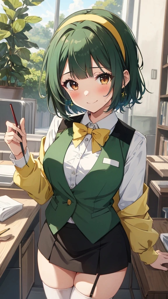 masterpiece, best quality, absurdres, perfect antomy, 1girl, solo, Otonashi Kotori, short hair, hairband, thighhighs, black skirt, yellow bowtie, white shirt, green vest, standing, cowboy shot, Naughty smile、large breasts 、Super Mini Pencil Skirt、blush,white panty,