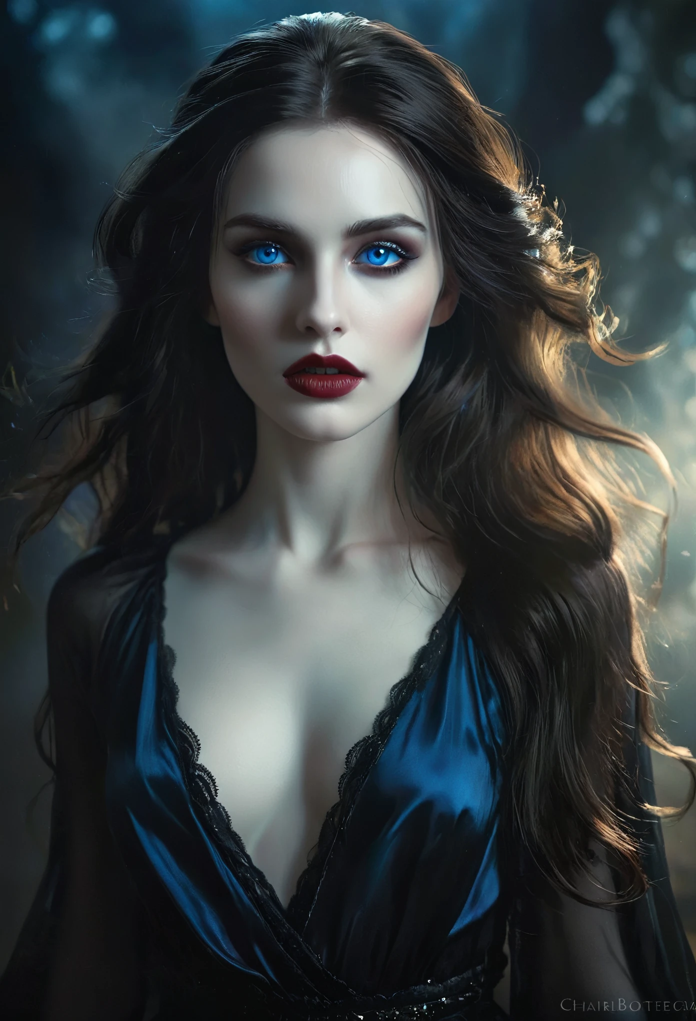(Meisterwerk), ultra-realistisch, Porträt eines wunderschönen Vampirs mit blasser Haut, schwarzer Emaille, leichtes Make-up, strahlend blaue Augen, dunkle und düstere Umgebung, detaillierte Gesichtszüge, dramatische Beleuchtung, stimmungsvolle Atmosphäre, Filmkomposition, fotorealistisch, Hoher Kontrast, Chiaroscuro, dunkle Fantasie, Gothic Style, (Sie ist Halbfranzösin, und ist eine atemberaubende Schönheit mit detailreichen Augen und einer hohen Nase:1.1), dicke Augenbrauen, detaillierte Gesichtszüge, langer, anmutiger Hals, fließende Haarsträhnen, selbstbewusste und elegante Haltung, verträumte Atmosphäre, Surrealismus, mystische Aura, Charlie Bowater,