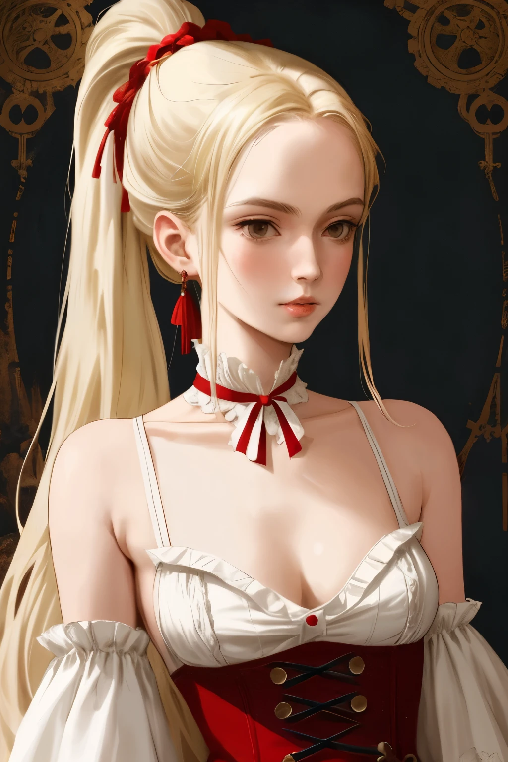 ((best quality)), ((masterpiece)), (detailed), NSFW, small breasts, prominent collarbones, skinny arms, flat stomach, visible hip bones, long hair, red hair, white hair, blonde hair, dark hair, ponytail, thick ponytail, heavy ponytail, red and white clothing, Bloodborne inspired, occult aesthetic, occult, detailed and intricate steampunk and detailed gothic