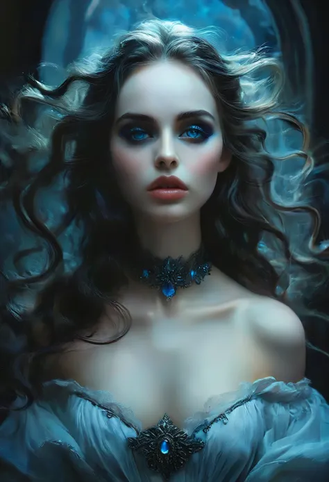 seductive, (masterpiece), ultra-realistic, portrait of a beautiful pale skinned vampire, black enamel, light makeup, bright blue...