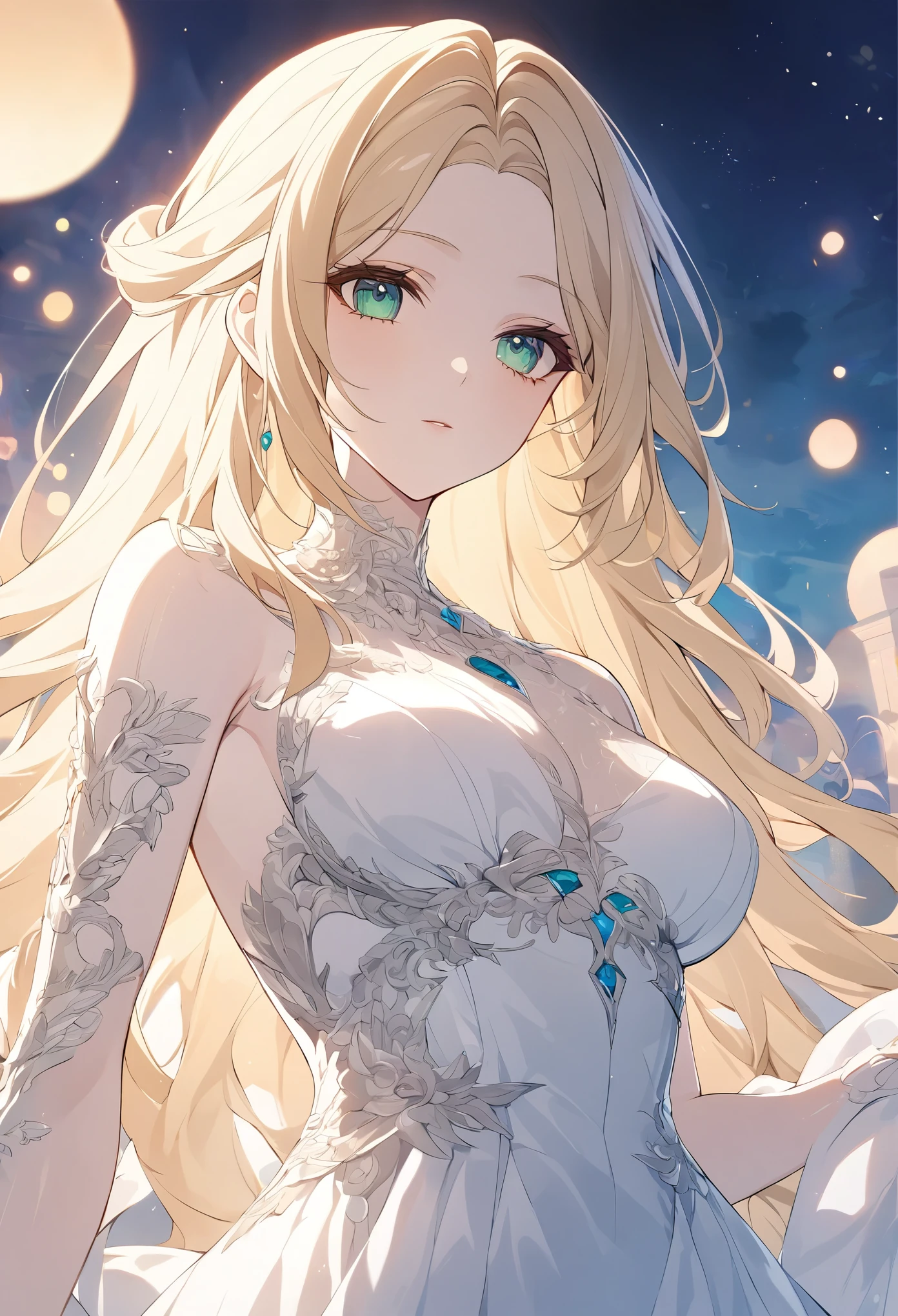 High resolution RAW color art, animation,Sculpture, Silver Marble Skin, (((Highly detailed elegant))), Magical atmosphere, Detailed skin, texture,(Exquisitely crafted, The finer details, Ultra-detailed art), Depth of written boundary, Bokeh, Silky Touch, Hyper Detail,,euphilia, One Girl,Anime girl with long blonde hair and dark turquoise eyes in a white dress, Green Eyes,Beautiful Eyes, Elegant face, Magic City, sunrise, Upper Body, (Big Hips, View from below), Under the chest