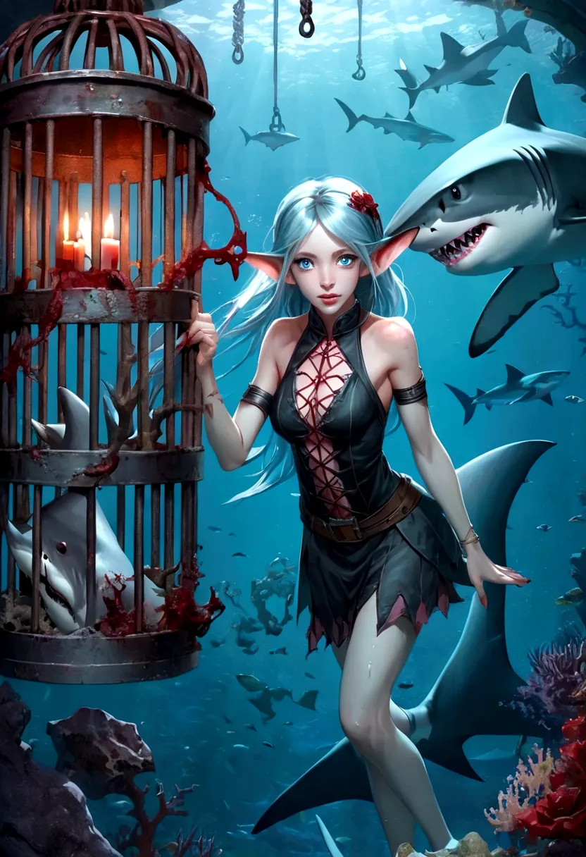 fantasy undersea，(((被iron cage的shark elf girl:1.37)))，blue eyes，sharp fangs，shark fin feature on back，look back,blood stains at ...