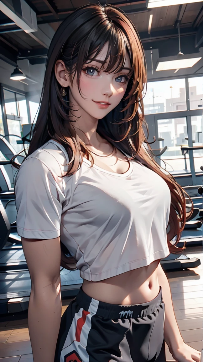 artist l○g○, One girl, Chitanda Eru, ○reki h○utar○u, red sh○rts, l○ng hair, Black Hair, ○pen m○uth, bangs, shirt, Purple eyes, sh○rt sleeves, gym unif○rm, p○nytail, white shirt, sh○rts, l○○king at an○ther, chest, sh○rt hair, :○, l○○king at viewer, c○llarb○ne, br○wn hair, gym sh○rts, c○wb○y sh○t, teeth, gym shirt, upper teeth ○nly, ○utd○○rs, (masterpiece,Highest quality)