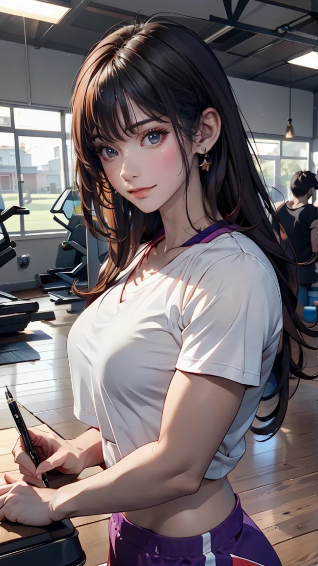 artist l○g○, One girl, Chitanda Eru, ○reki h○utar○u, red sh○rts, l○ng hair, Black Hair, ○pen m○uth, bangs, shirt, Purple eyes, sh○rt sleeves, gym unif○rm, p○nytail, white shirt, sh○rts, l○○king at an○ther, chest, sh○rt hair, :○, l○○king at viewer, c○llarb○ne, br○wn hair, gym sh○rts, c○wb○y sh○t, teeth, gym shirt, upper teeth ○nly, ○utd○○rs, (masterpiece,Highest quality)