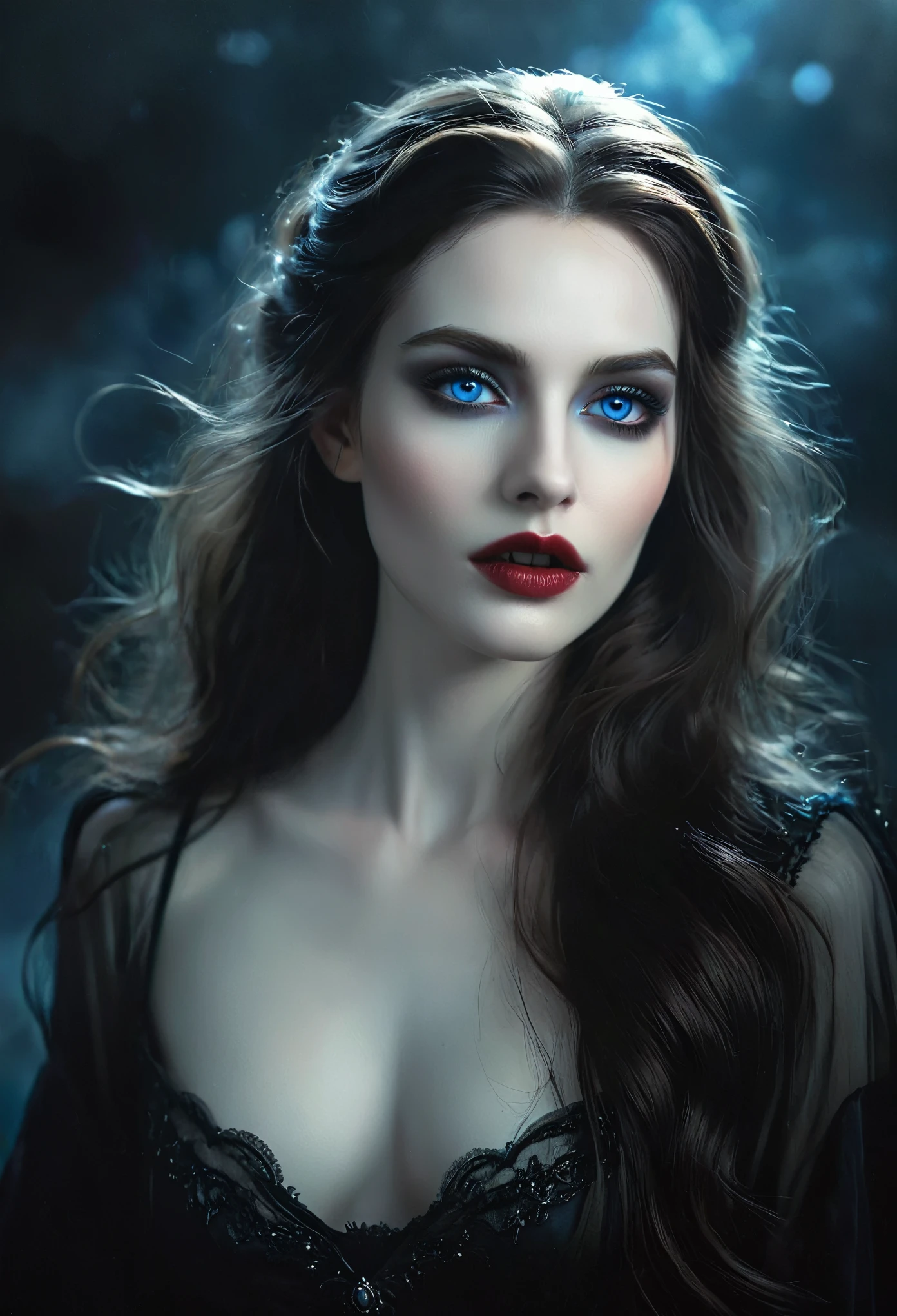 (Meisterwerk), ultra-realistisch, Porträt eines wunderschönen Vampirs mit blasser Haut, schwarzer Emaille, leichtes Make-up, strahlend blaue Augen, dunkle und düstere Umgebung, detaillierte Gesichtszüge, dramatische Beleuchtung, stimmungsvolle Atmosphäre, Filmkomposition, fotorealistisch, Hoher Kontrast, Chiaroscuro, dunkle Fantasie, Gothic Style, (Sie ist Halbfranzösin, und ist eine atemberaubende Schönheit mit detailreichen Augen und einer hohen Nase:1.1), dicke Augenbrauen, detaillierte Gesichtszüge, langer, anmutiger Hals, fließende Haarsträhnen, selbstbewusste und elegante Haltung, verträumte Atmosphäre, Surrealismus, mystische Aura, Charlie Bowater, Lange Eckzähne, die von den Lippen aus sichtbar sind