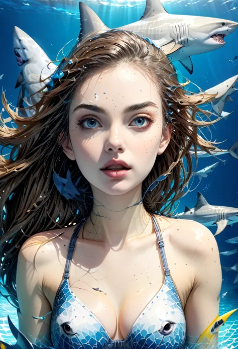 general shot, whole body:1.4, ((surreal hybrid girl:1.5, with shark:1.5)),detailed portrait,beautiful detailed eyes,beautiful de...