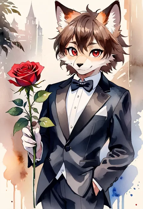Watercolor elements, 1boy, kemono, furry, detailed body fur, animal face, animal hand, Handsome boy in tuxedo holding a red rose...