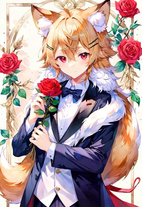 watercolor elements, 1boy, kemono, furry, detailed body fur, animal face, animal hand, handsome boy in tuxedo holding a red rose...