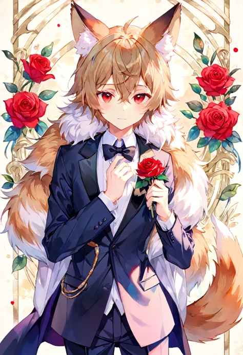 watercolor elements, 1boy, kemono, furry, detailed body fur, animal face, animal hand, handsome boy in tuxedo holding a red rose...