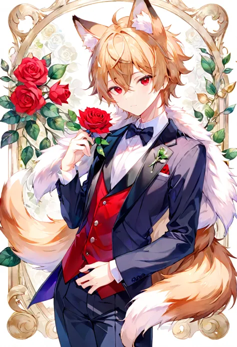 watercolor elements, 1boy, kemono, furry, detailed body fur, animal face, animal hand, handsome boy in tuxedo holding a red rose...